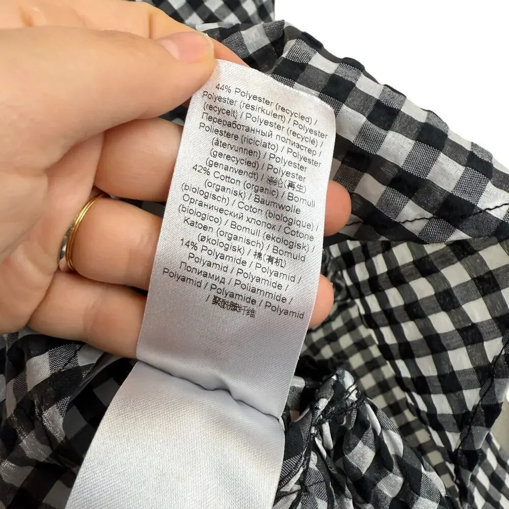 Ganni Gingham Check Seersucker Square Neck Puff Sleeve Dress Black White 12/44
